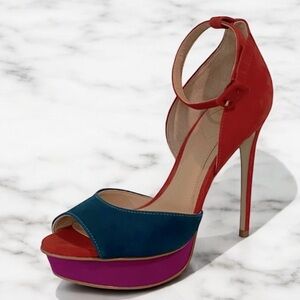 B Brian Atwood Colourblock Heels Red Teal Purple Platform Size 7